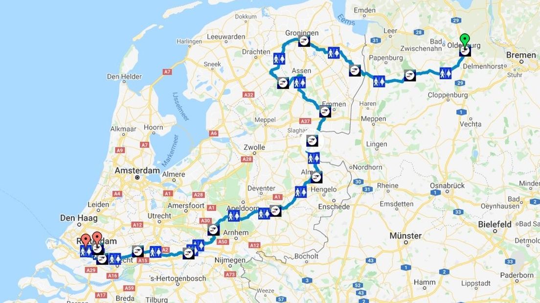 De route van de Roparun in 2020 (Rechten: Google Maps)