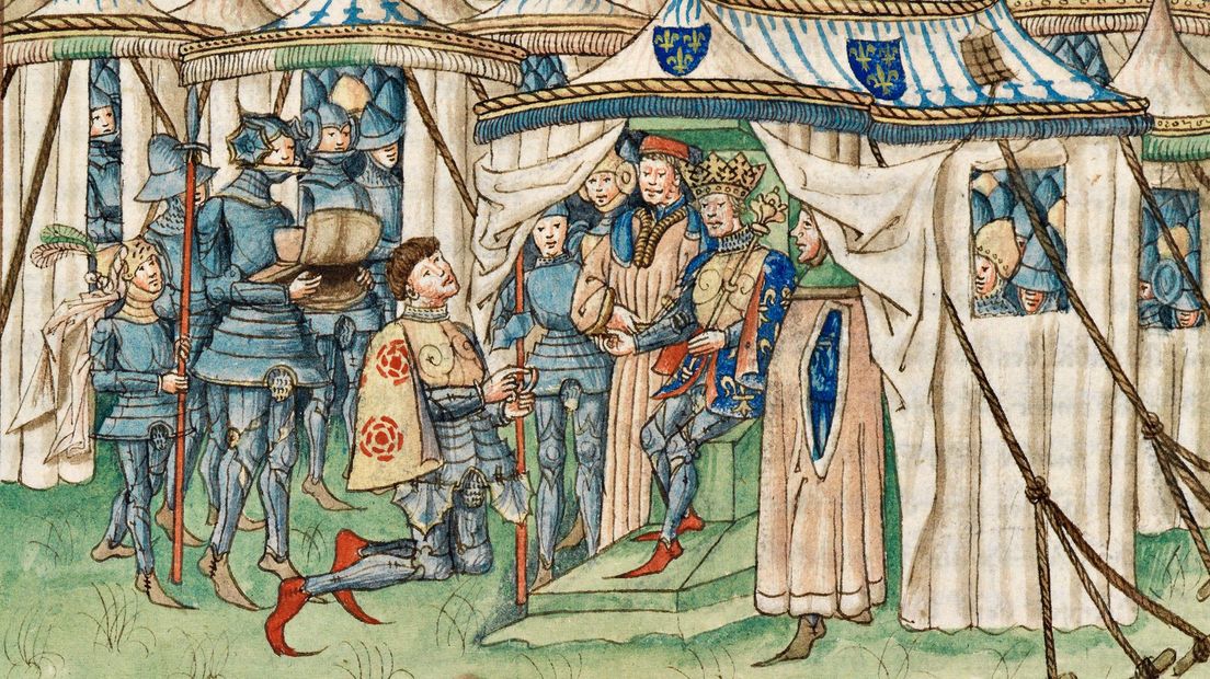 Hertog Willem I van Gelre knielt voor de koning