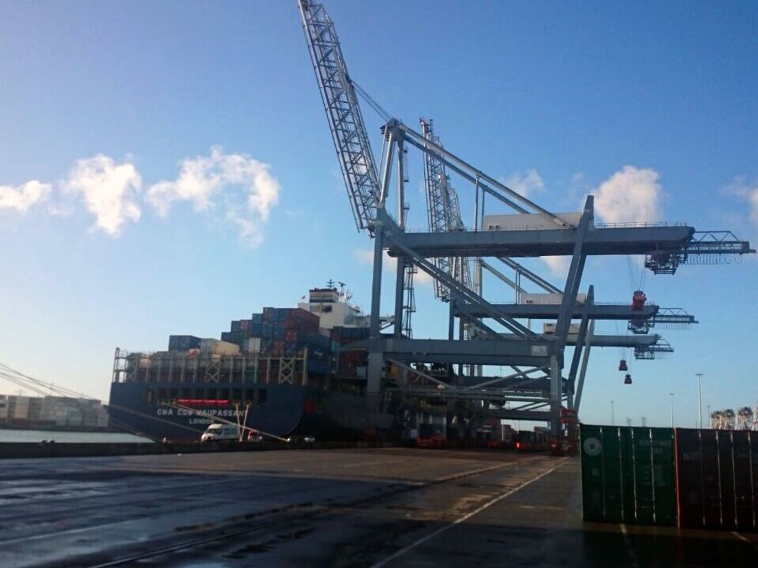 De kranen bij containeroverslagbedrijf ECT staan omhoog als gevolg van de langzaamaan-actie