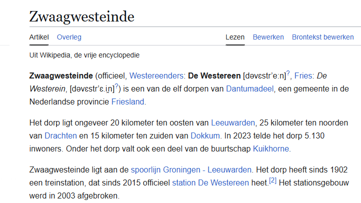 Wikipedia brûkt Zwaagwesteinde, net De Westereen