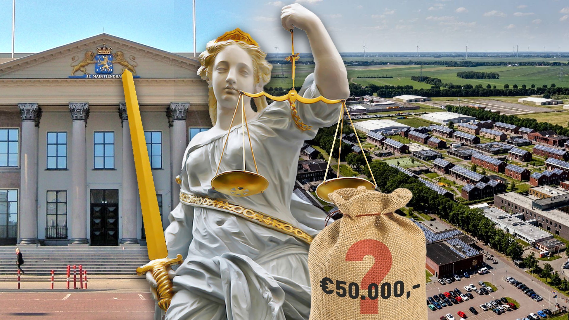 Vrouwe Justitia met de rechtbank en het aanmeldcentrum op de achtergrond