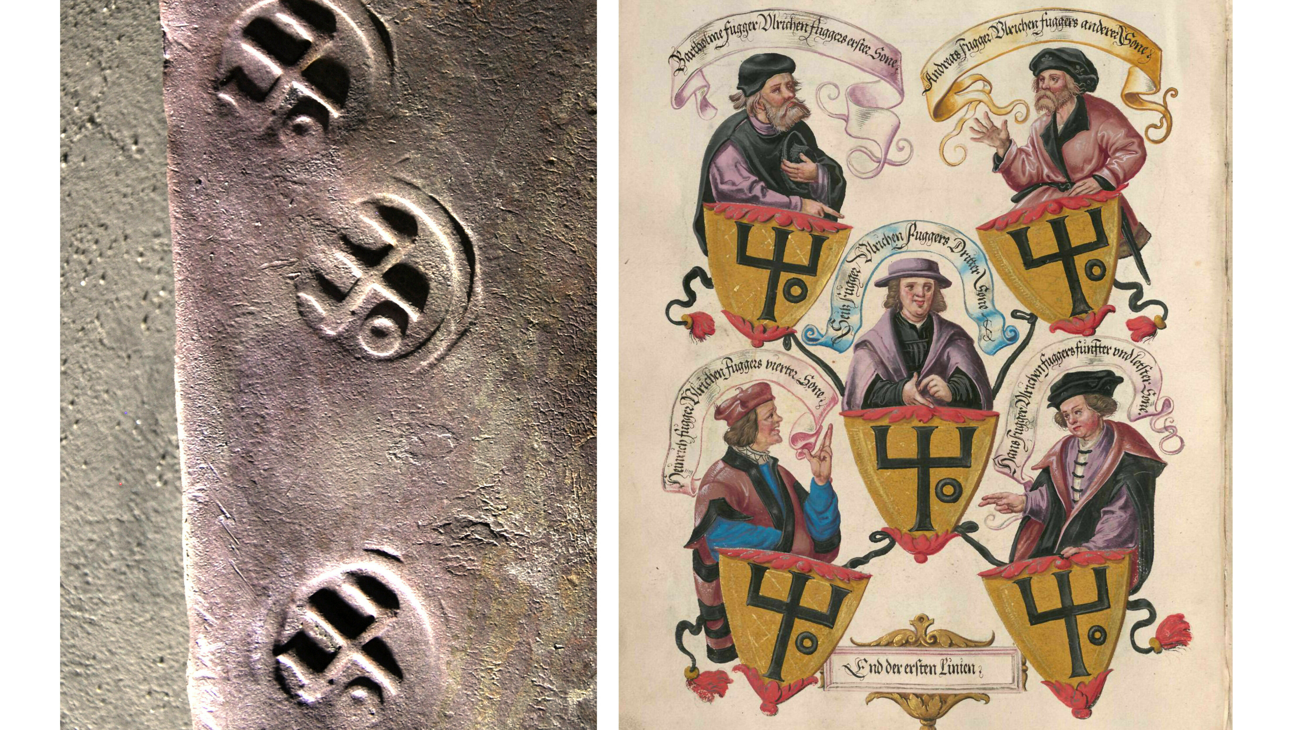 Fugger-stempels op de platen links