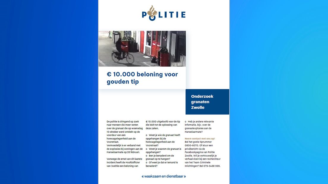 Politie looft 10.000 euro uit voor gouden tip granaat-incidenten Zwolle