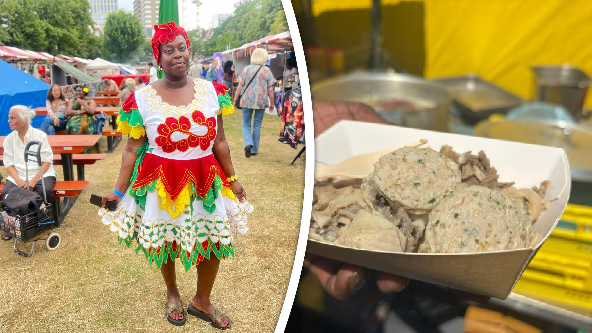 Links: Mildred in haar outfit | Rechts: het Surinaamse gerecht fladder