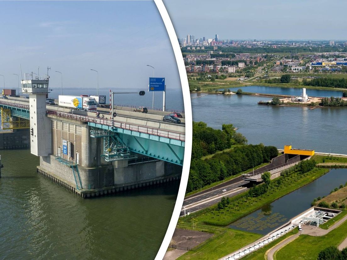De Haringvlietbrug (l) en de Heinenoordtunnel (r)