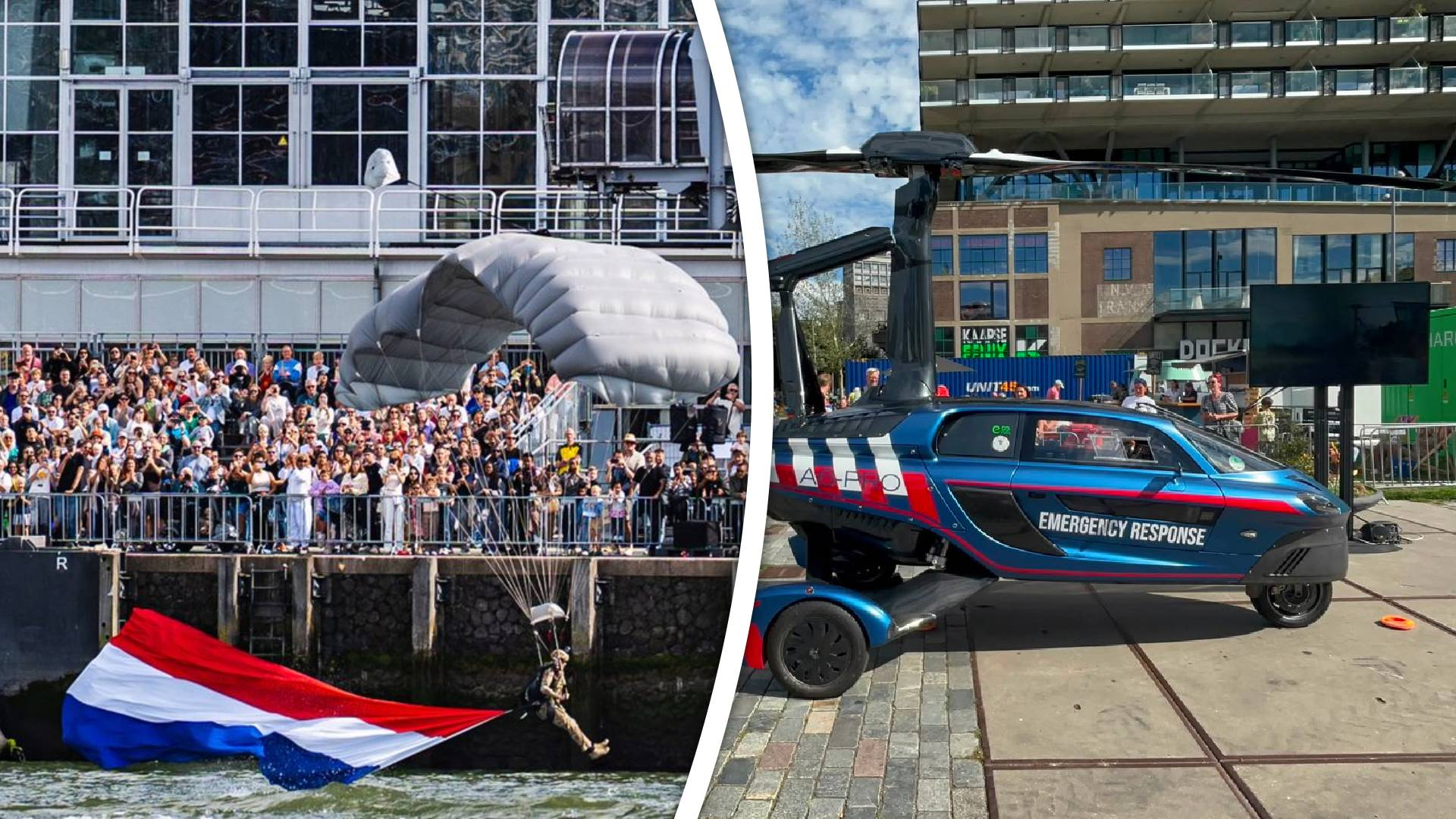 Een parachutist boven de Maas | De Vliegende Auto PAL-V
