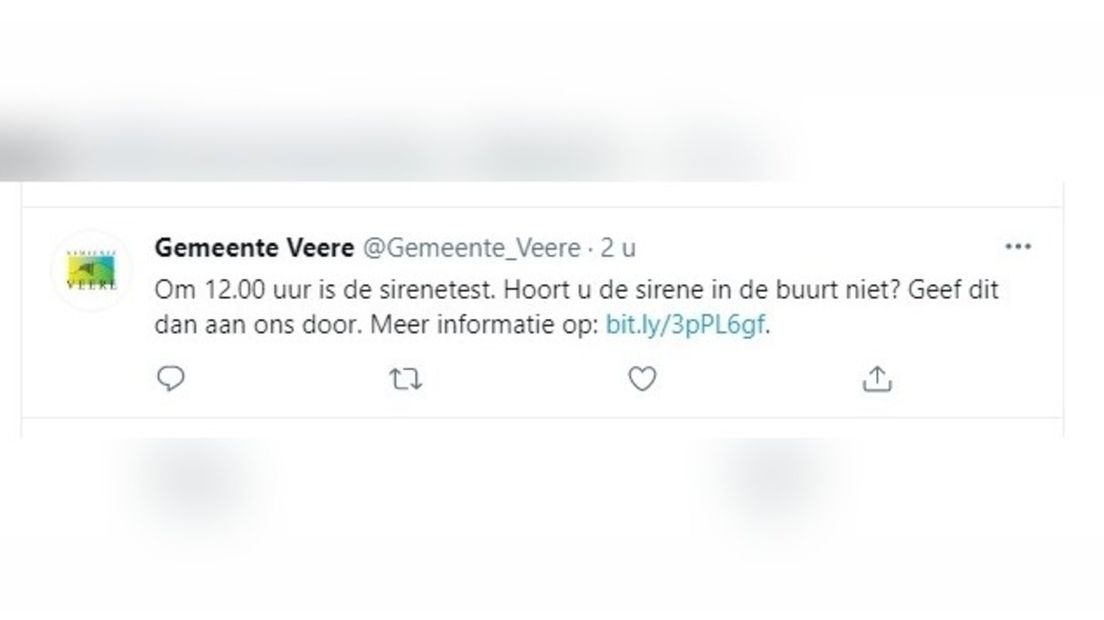 Tweet van de gemeente Veere over maandelijkse sirenetest