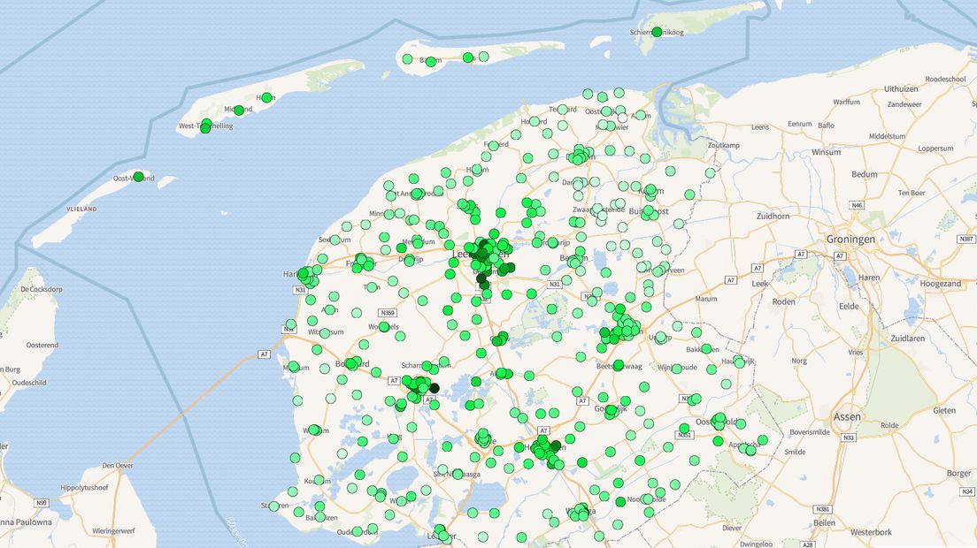 Hoe donkerder de kleur, hoe hoger het percentage D66-stemmen