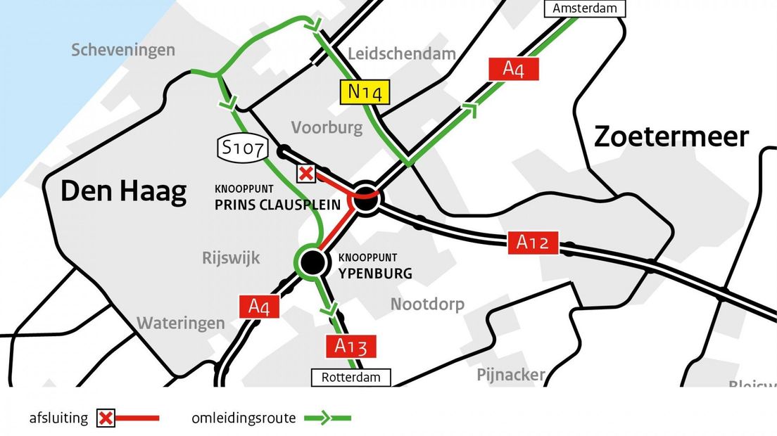 De omleidingsroute is met groene lijntjes aangegeven