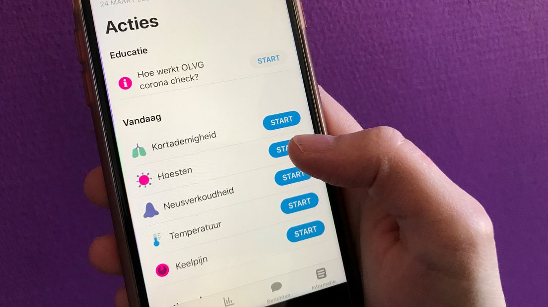 Sinds een week kunnen mensen in Nijmegen en omstreken met een app testen of ze het coronavirus hebben of niet. De zogenoemde OLVG coronacheck is een groot succes en intussen door 5500 mensen gebruikt, meldt het Canisius Wilhelmina Ziekenhui (CWZ).