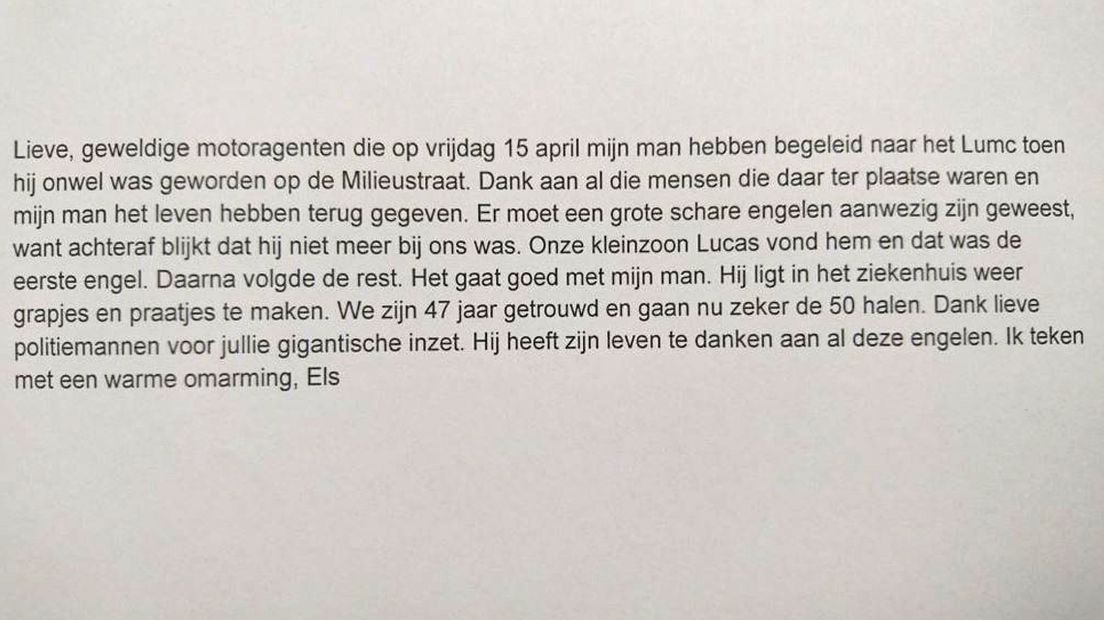 Bedankbriefje van Els aan agenten uit Leiden 