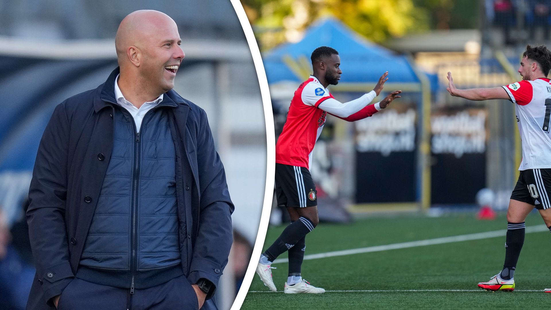 Links Feyenoord-trainer Arne Slot, rechts vervangt Lutsharel Geertruida Orkun Kökcü tegen Cambuur