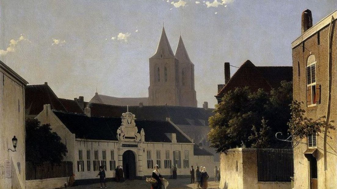 Schilderij van de Sint-Catharina Gasthuis in de 19de eeuw.