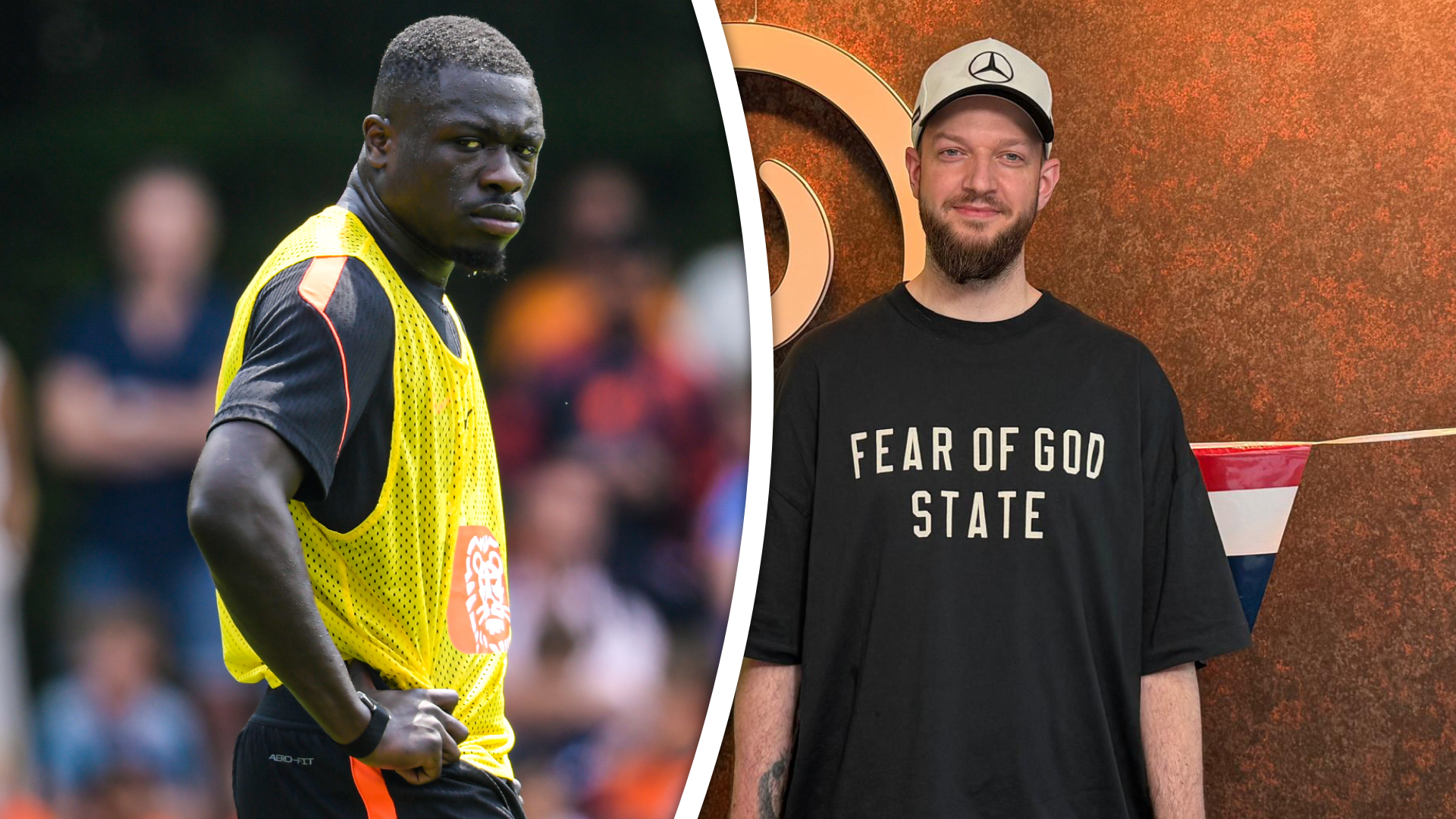 Brian Brobbey tijdens een training met het Nederlands elftal (L) en zijn Rotterdamse persoonlijke trainer Patrick Woerst (R).