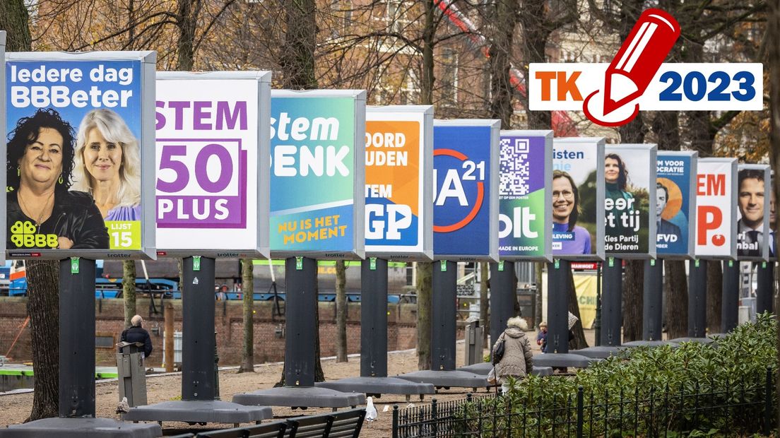 Een rij met verkiezingsborden in Den Haag