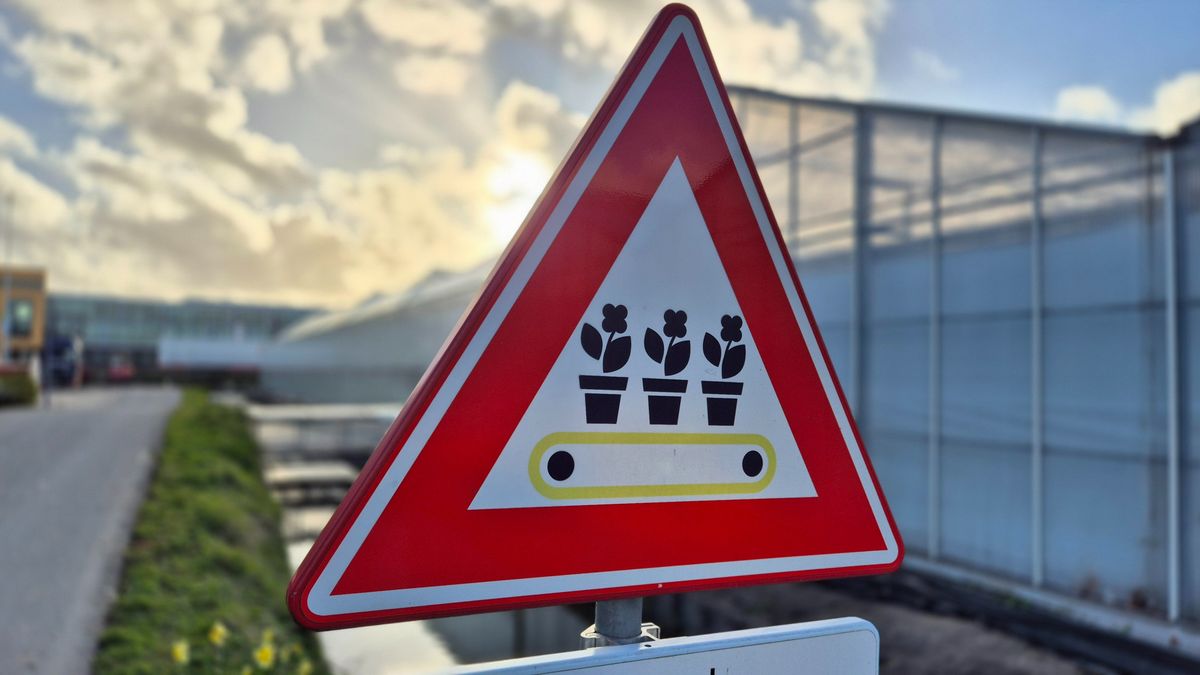 Oppassen voor overstekende bloemen, verkeersbord doet wenkbrauwen fronsen