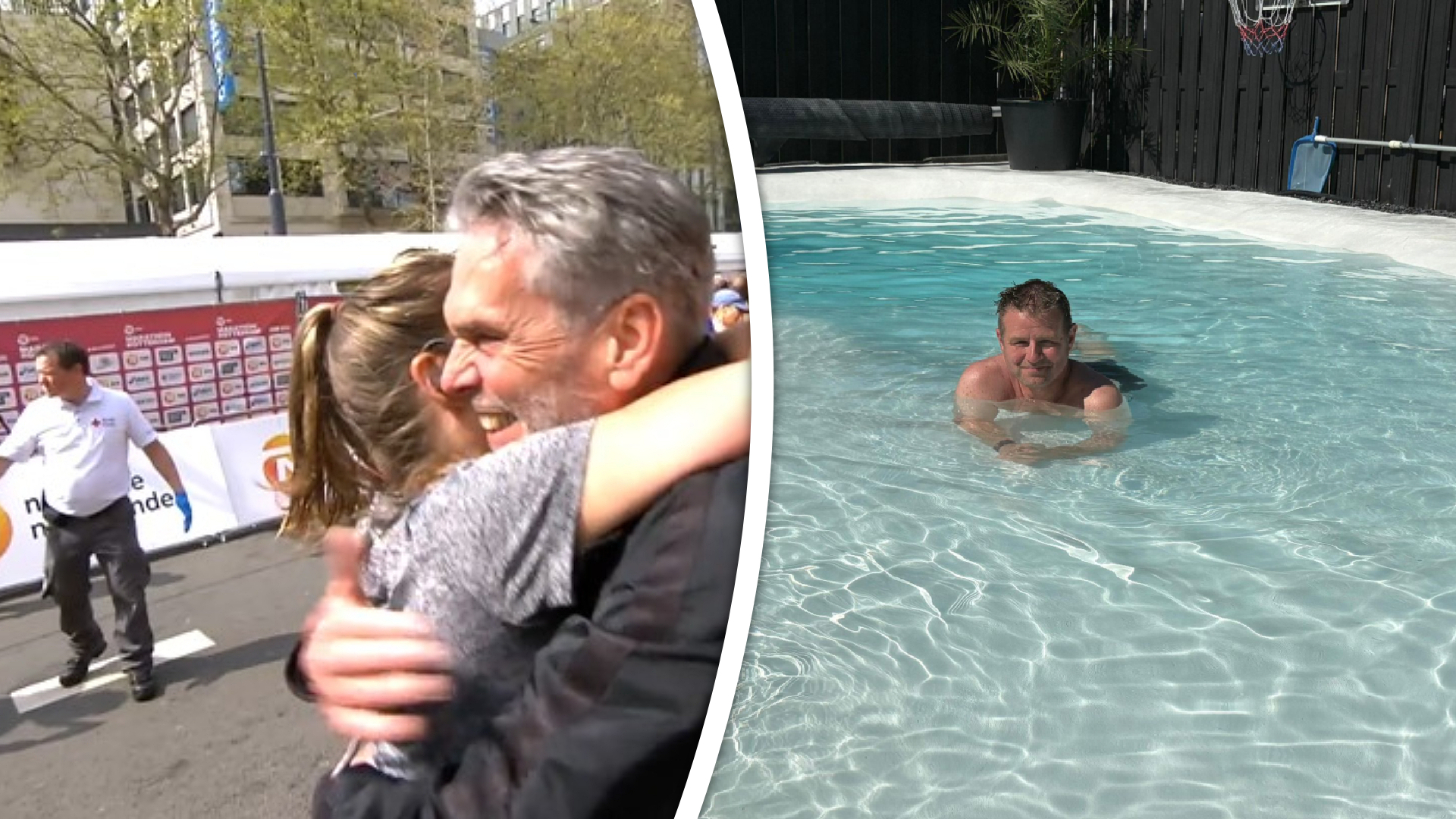Dick Schoof omhelst zijn vriendin Loes Meurs en Jeroen geniet van het zwembad in zijn tuin.