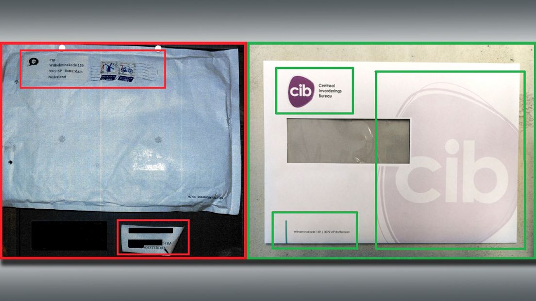 De bombrieven die zijn verstuurd (links op de foto) verschillen van de enveloppen die incassobureau CIB zelf gebruikt.