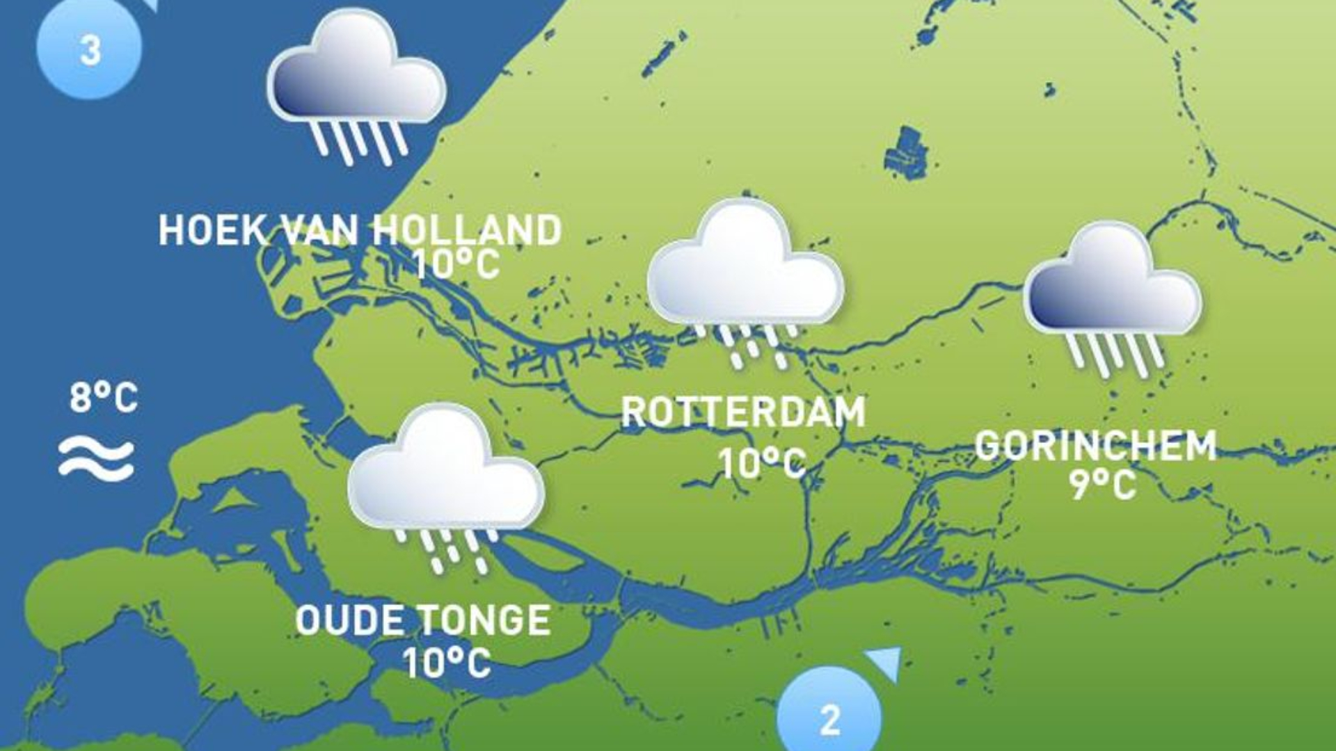 Het weer van vandaag veel bewolking en soms wat regen Rijnmond