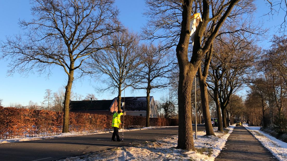 Brokstukken in de boom nabij de plek waar het vliegtuigje neerstortte.