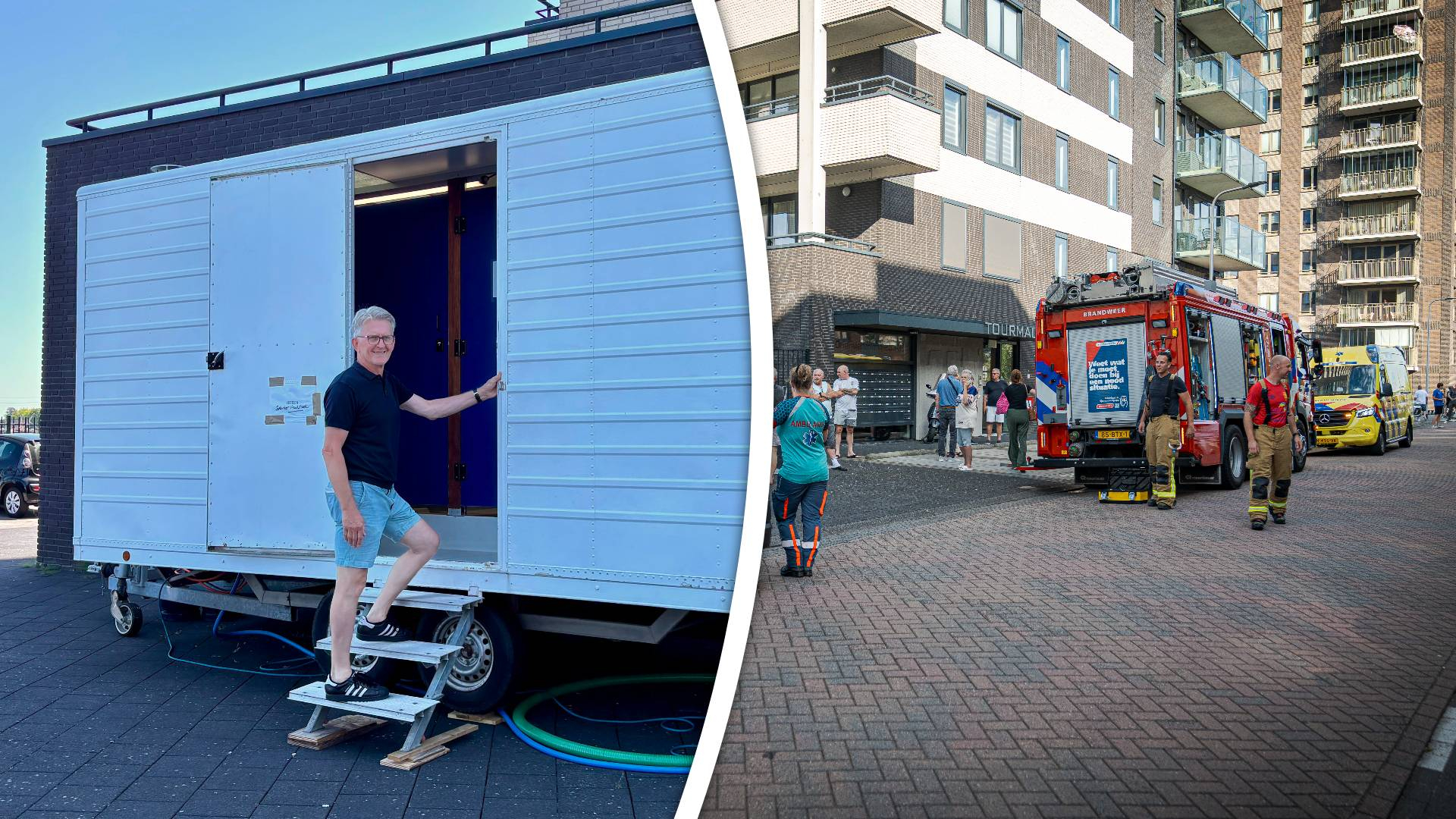 Links: de campingdouches op de parkeerplaats | Rechts: de laatste keer dat het misging bij de Tourmalijnflat