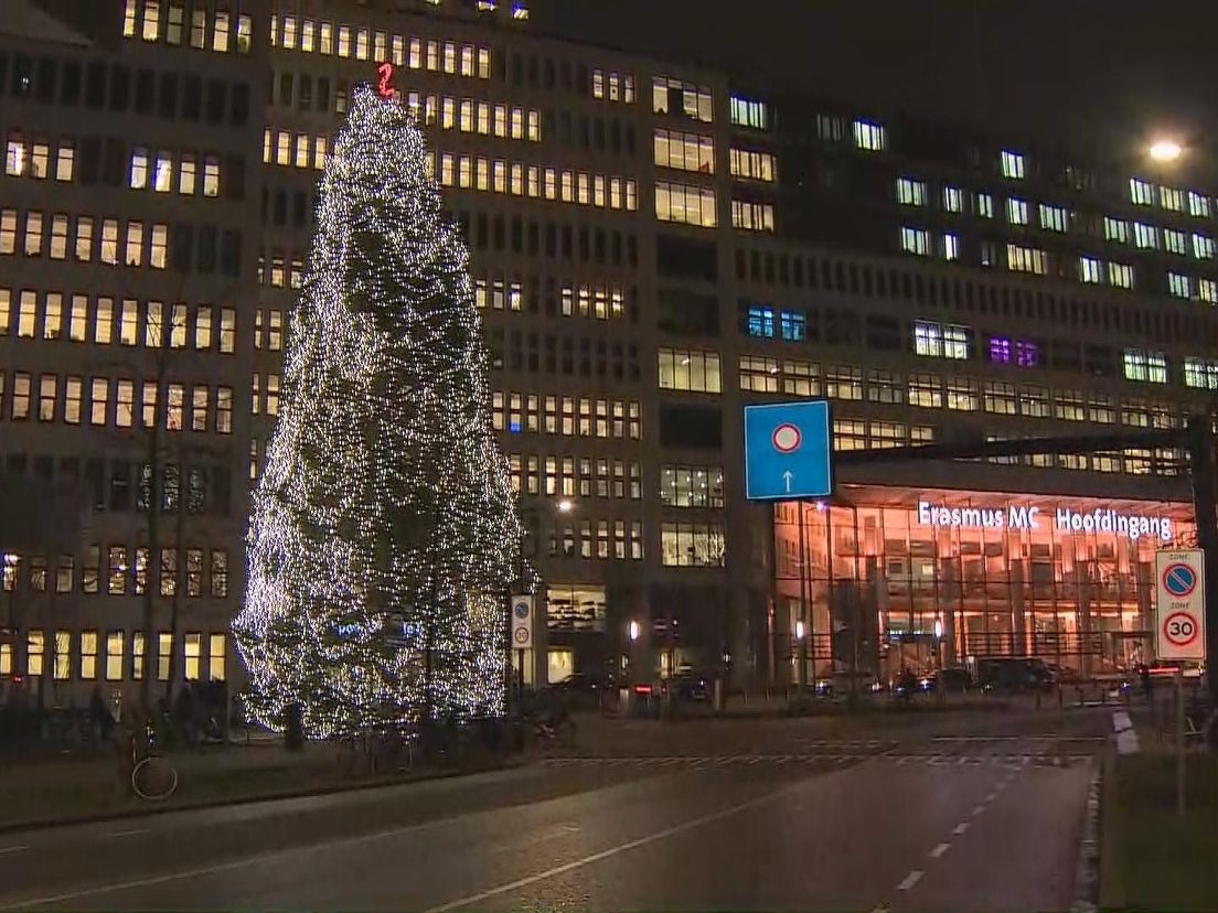 De kerstboom met de aangestoken lampjes bij de hoofdingang