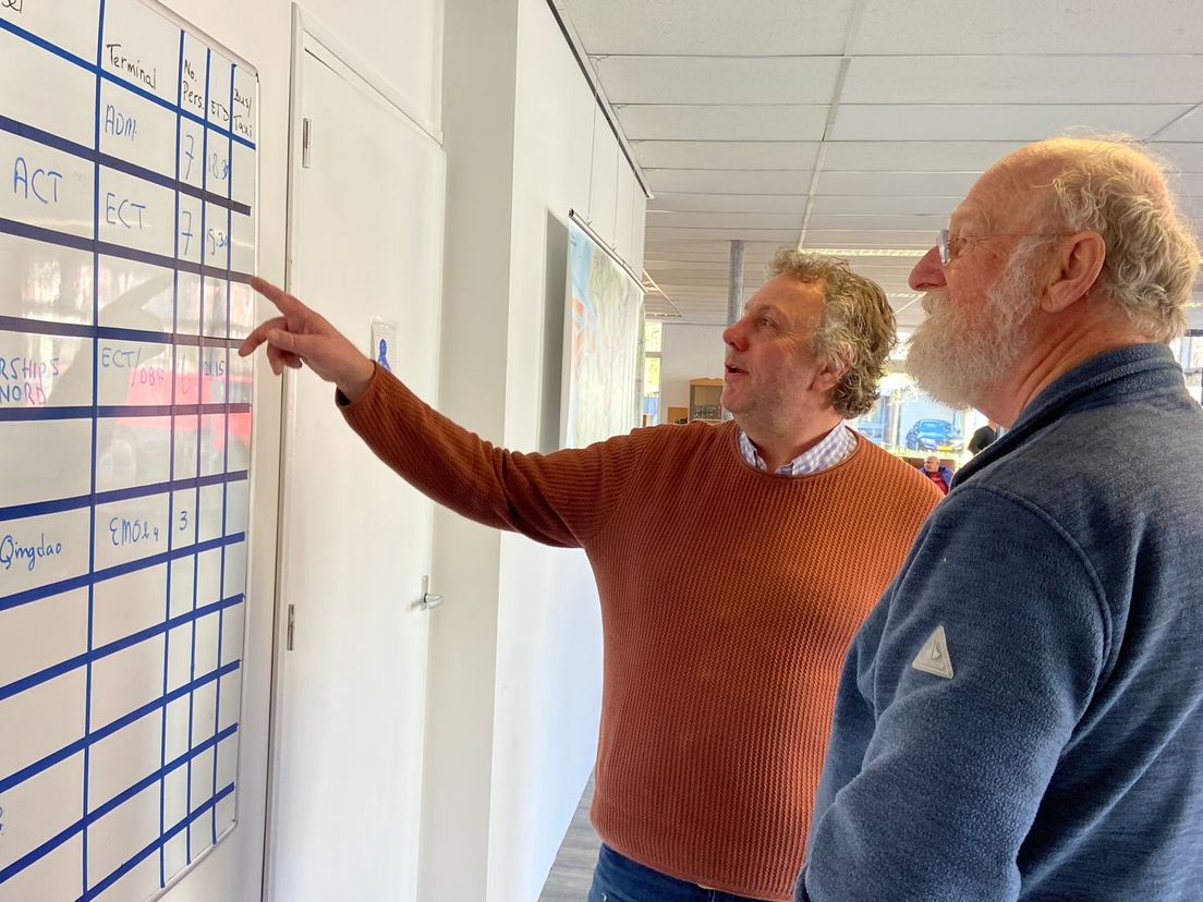 Op het planningsbord wordt de aankomst van schepen genoteerd. Links Marco Benedict, rechts Bernt Koning