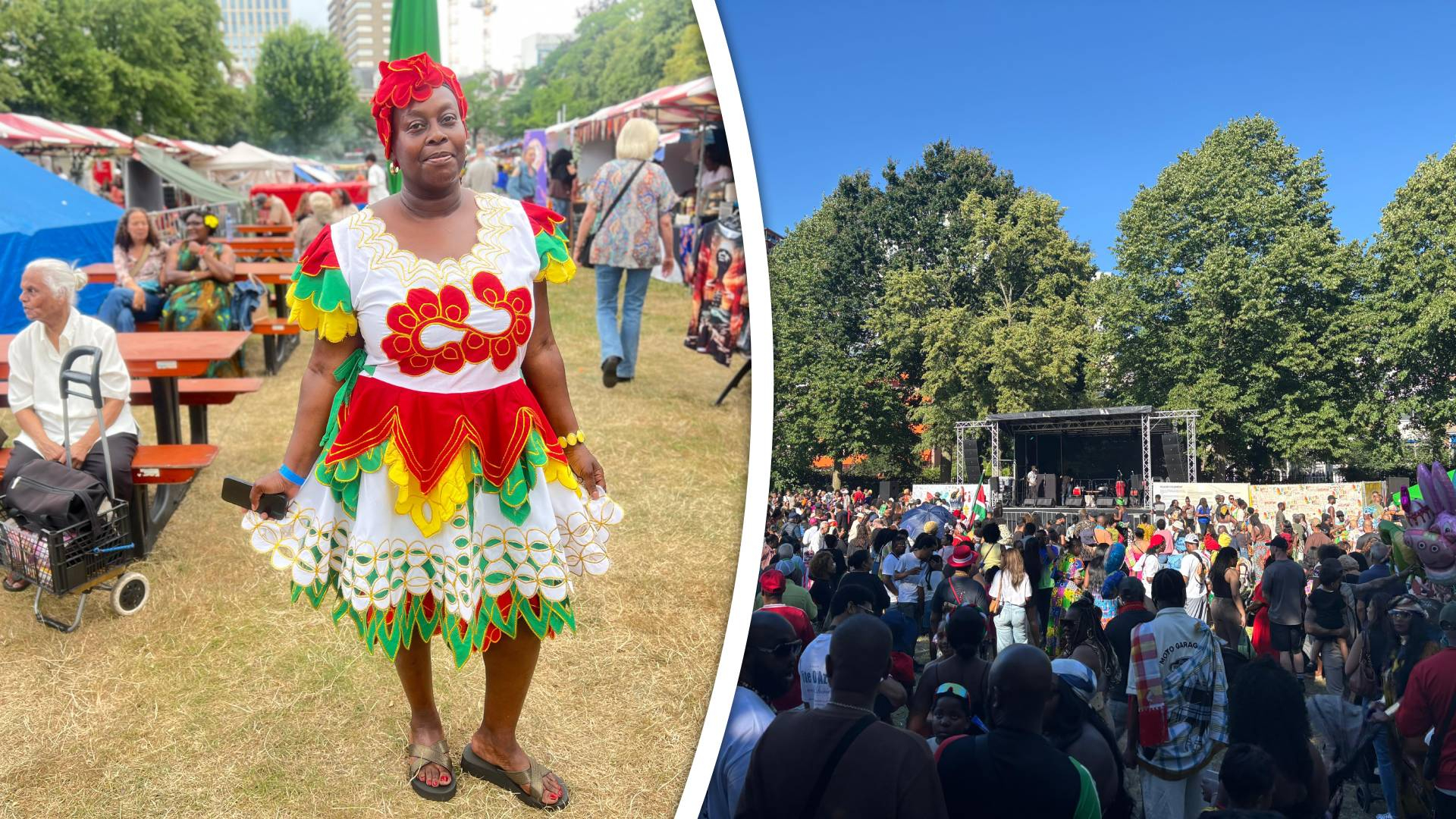 Links: Mildred in haar outfit | Rechts: Wijkpark Oude Westen stroomt vol met bezoekers