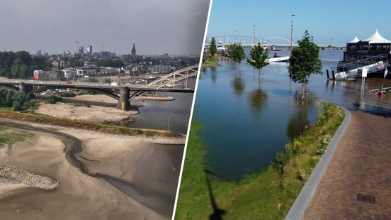 Eerst overstroomd, nu kurkdroog: de Waal in twee beelden