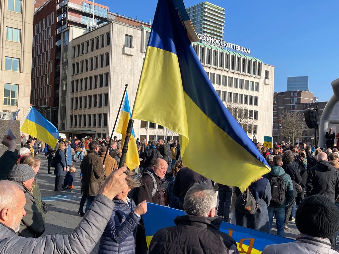 Blauw-gele vlaggen bij de vredesdemonstratie voor Oekraïne