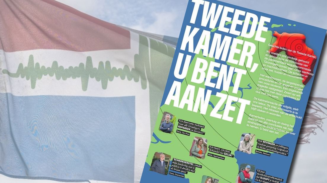 De advertentie met een gescheurde bevingsvlag op de achtergrond