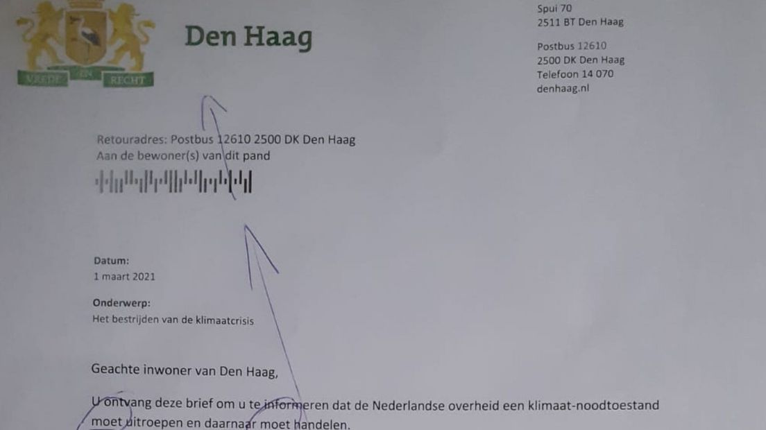 De brief die de actiegroep Extinction Rebellion in Den Haag verspreidde.
