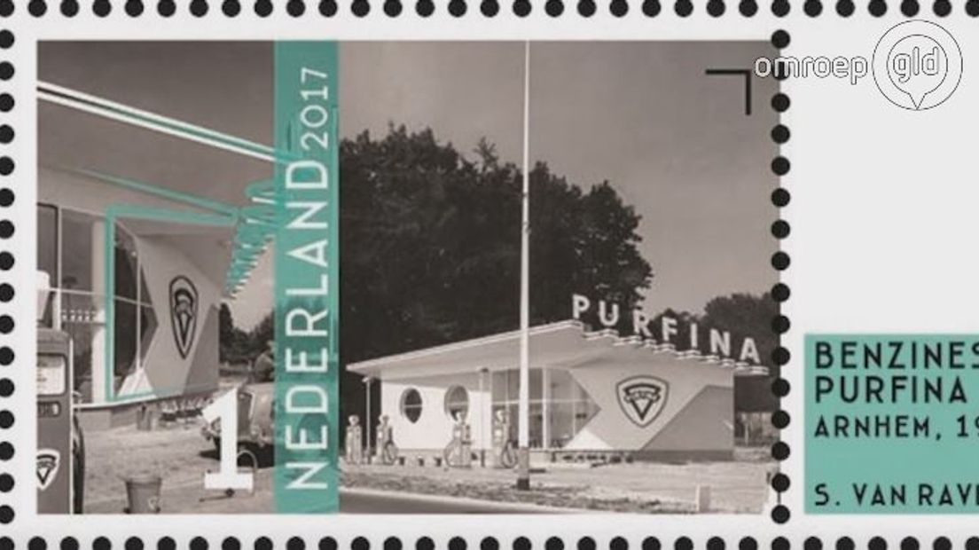 Het voormalig Purfina-tankstation in Arnhem en het Laboratorium voor Landmeetkunde in Wageningen staan op een nieuwe postzegel .
