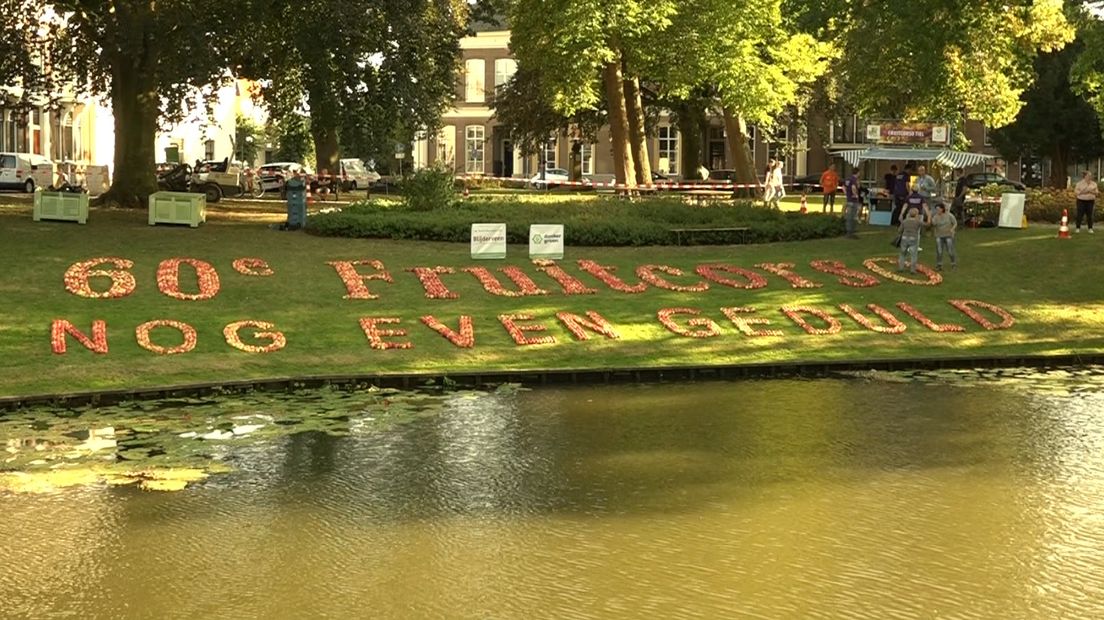 Een appelmozaïek aan de Tielse gracht herinnert aan het schrappen van de jubileumeditie dit jaar.