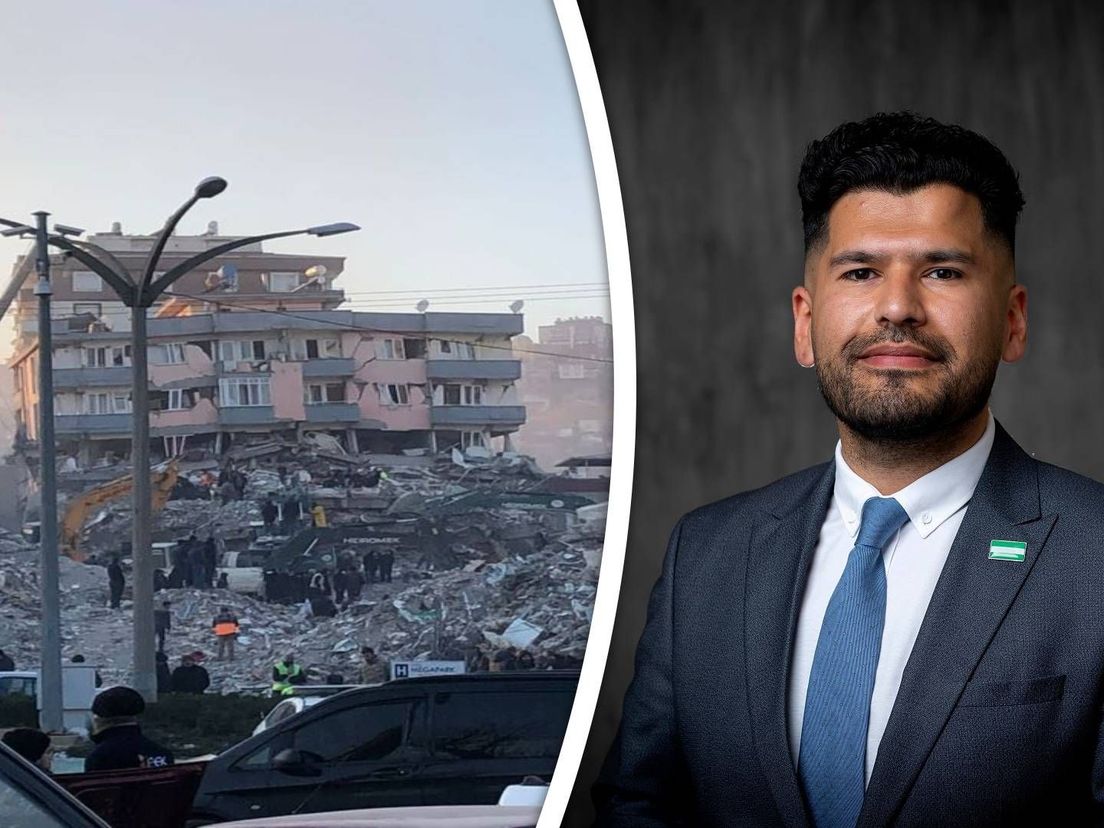 links: enorme schade na aardbevingen (ter illustratie), rechts: wethouder Enes Yigit