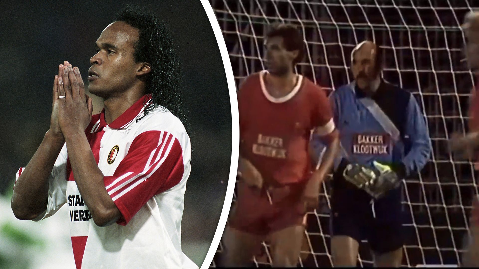 Links Gaston Taument als speler van Feyenoord, rechts de legendarische doelman Artur Lekbello