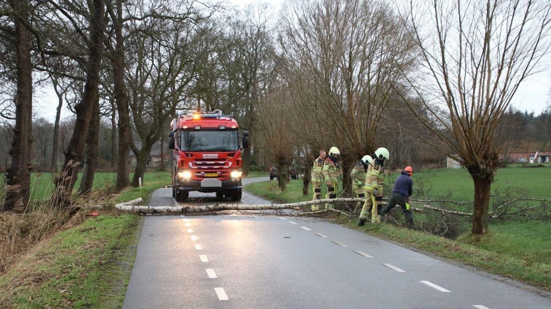 Over het Aalshorsterpad bij Dalfsen viel een boom, de brandweer moest eraan te pas komen