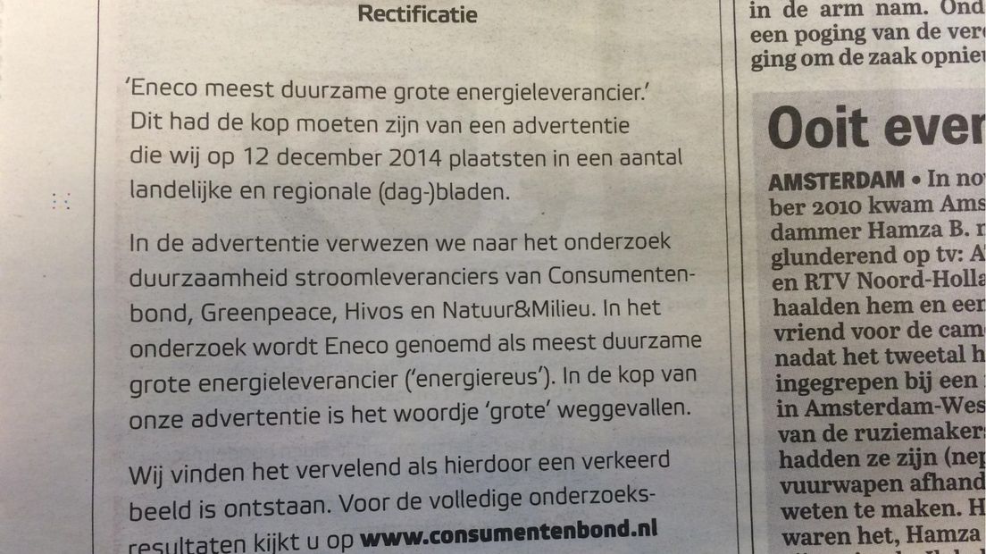 Eneco rectificeert advertentie