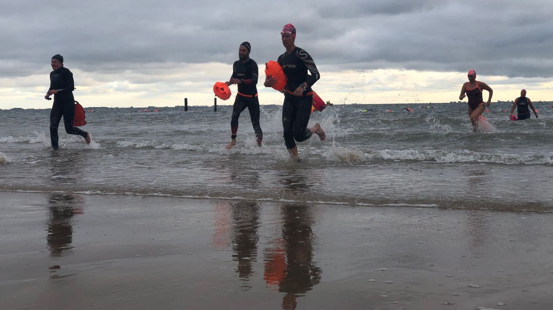 Als de zwemmers het water uitkomen, is het een sprintje naar de finish