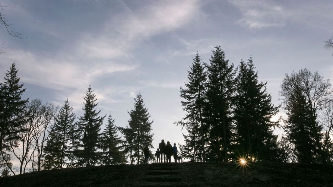 Een familie staat boven op een bult in het bos bij Laag-Keppel.