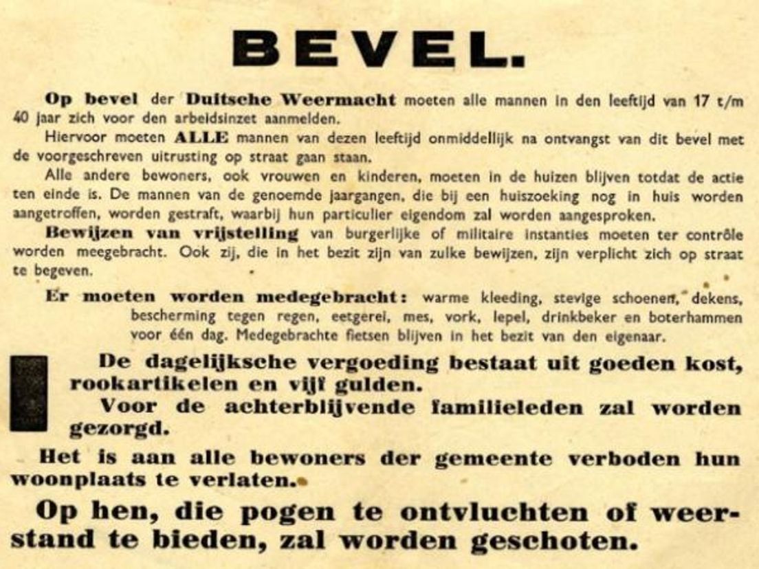 Dit bevel werd op 10 en 11 november huis aan huis verspreid in Rotterdam en Schiedam