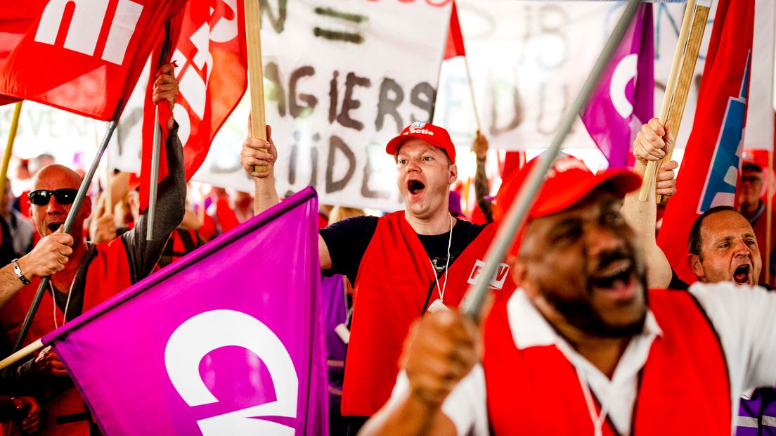 Leden van een vakbond tijdens een staking (Rechten: Remko de Waal/ANP)