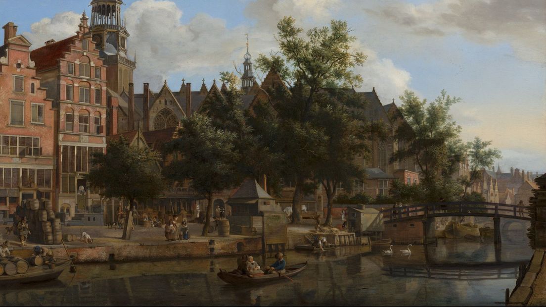 Deel van Jan van der Heyden's Oudezijds Voorburgwal met de Oude Kerk in Amsterdam