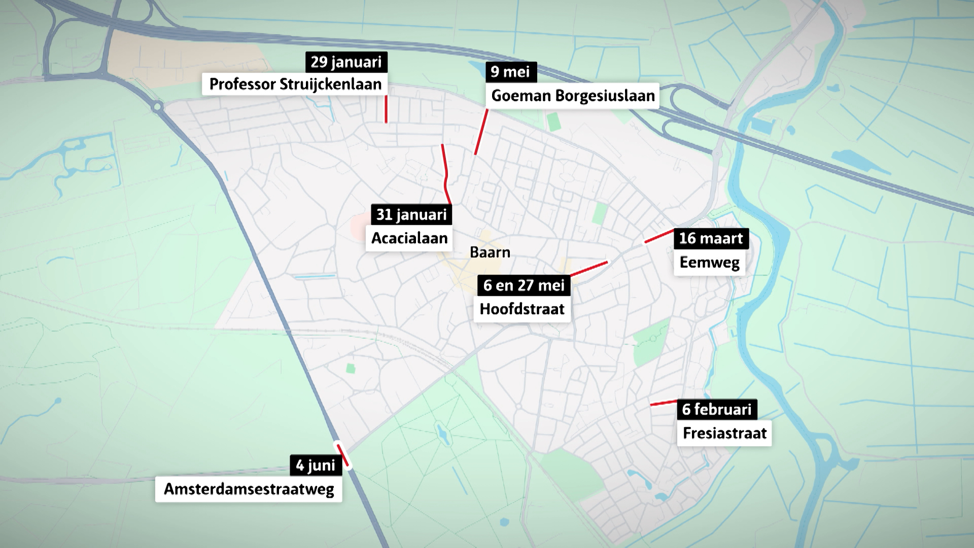 De verschillende explosies in de gemeente Baarn in 2025.