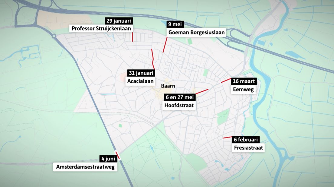 De verschillende explosies in de gemeente Baarn in 2025.