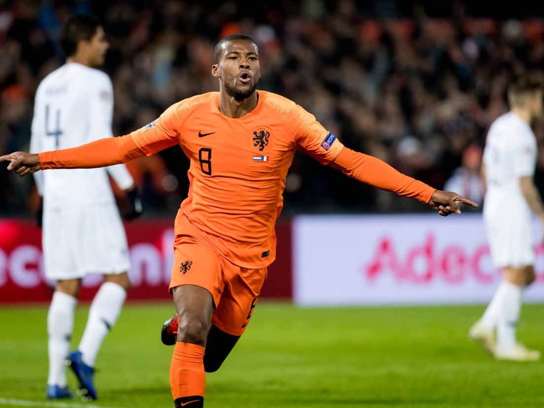 Oud-Feyenoorder Georginio Wijnaldum viert zijn doelpunt - FOTO KOEN VAN WEEL (ANP)