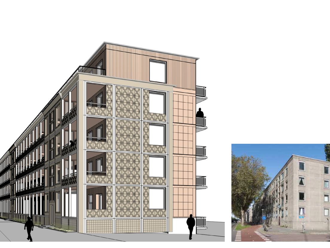 Voorlopig ontwerp nieuwe flats in Rotterdam-Overschie met behoud van de oude gevels