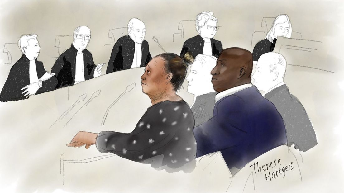 Hermelina M. en Frenkie B. in de Haagse rechtbank | Tekening: Theresa Hartgers