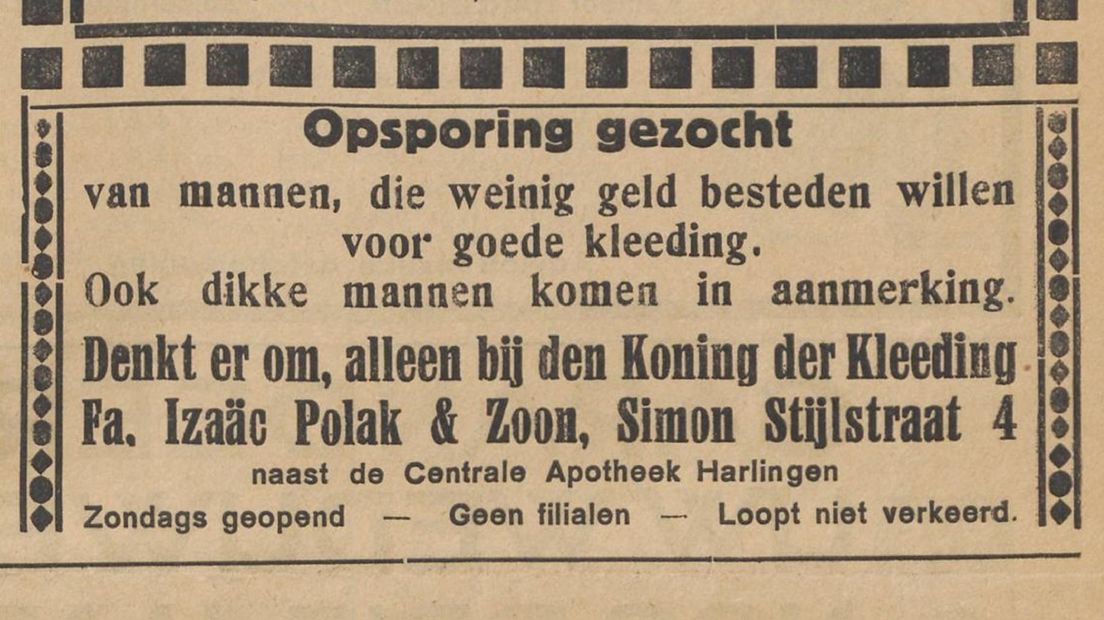 Polak advertearre yn 1929 ek foar manlju mei in maatsje mear
