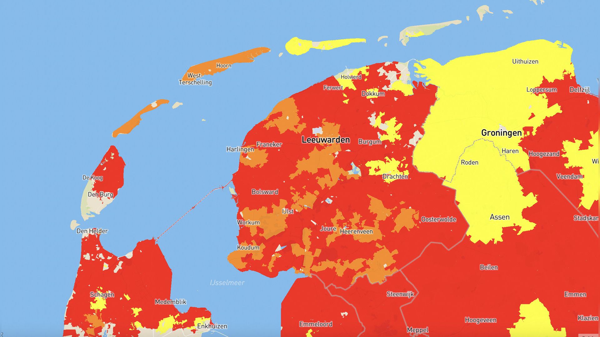 Overzicht capaciteit stroomnet. Hoe roder, hoe voller het net is.